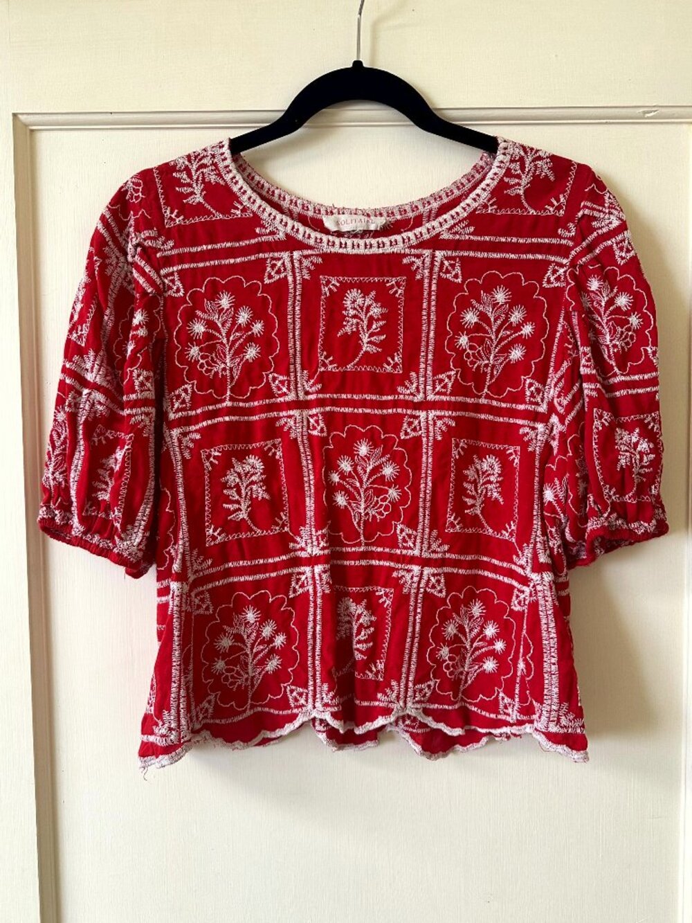 Solitaire Womens Large Red Rayon Blouse White Floral Embroidery Boho